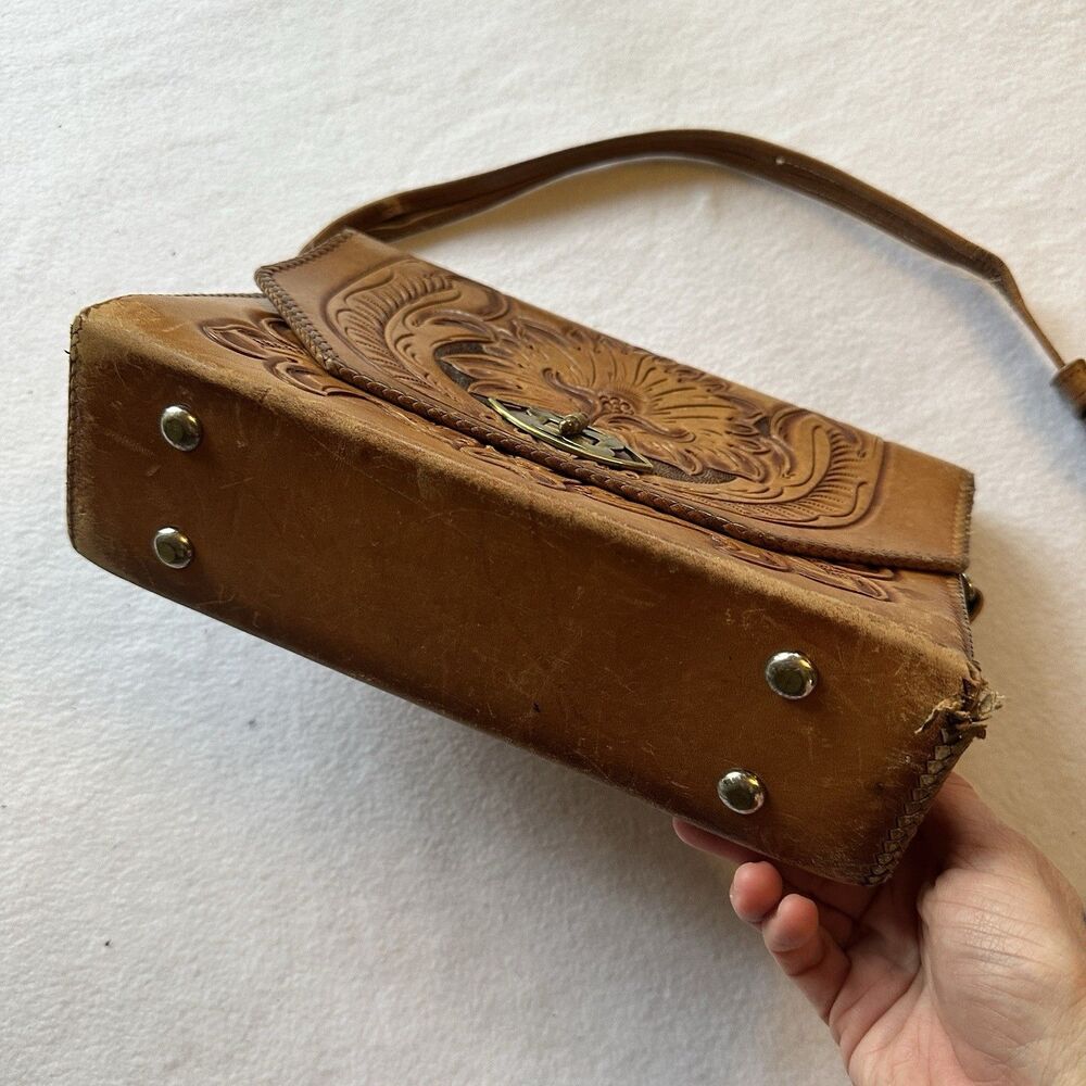 Vintage Hand Tooled Leather Shoulder Bag 10x7 Purse - Picture 3 of 10